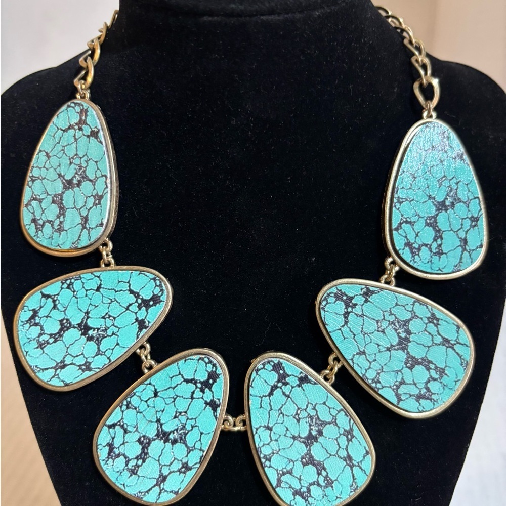 Printed wood  Statement Necklace - Blue Teardrop Pendant